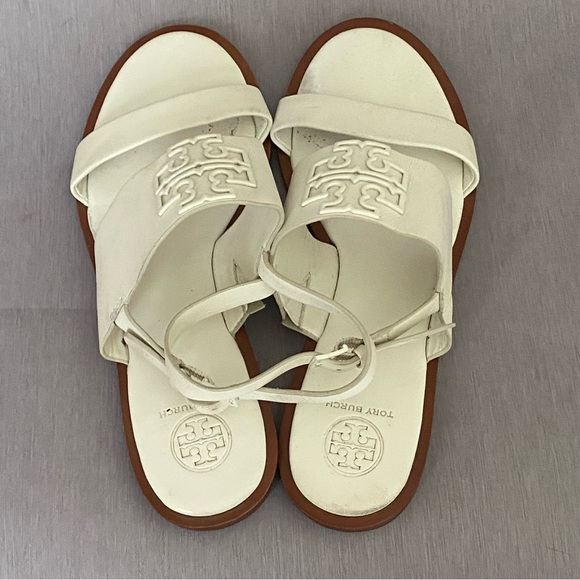 Tory Burch Flat White Slingback Sandals 8 M Big Logo Open Toe Leather - Picture 6 of 10